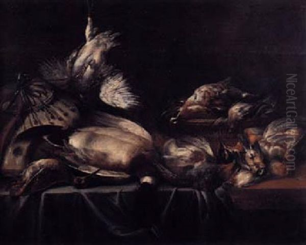 Hunting Still Life With A Duck, A Partridge, A Snipe And Other Birds, On A Wooden Table Partly Draped With A Green Cloth Oil Painting by Dingeman van der Hagen