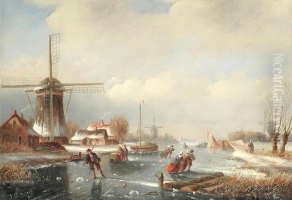 Skaters On A Frozen River Oil Painting by Jacob Ten Hagen