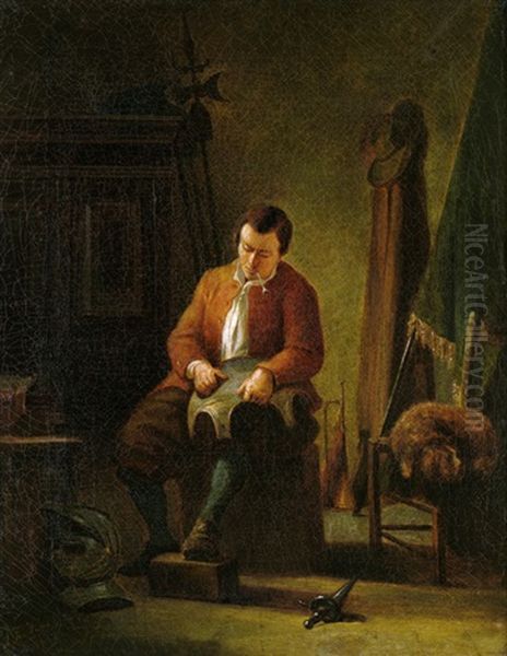 Interieur Mit Einem Pfeife Rauchenden Kavalier Beim Polieren Seiner Rustung Oil Painting by Jacob Ten Hagen