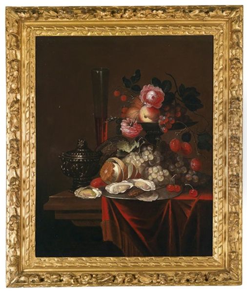 Ein Stillleben Mit Fruchten, Blumen, Austern Und Einem Gefullten Weinglas Oil Painting by Jacobus van der Hagen