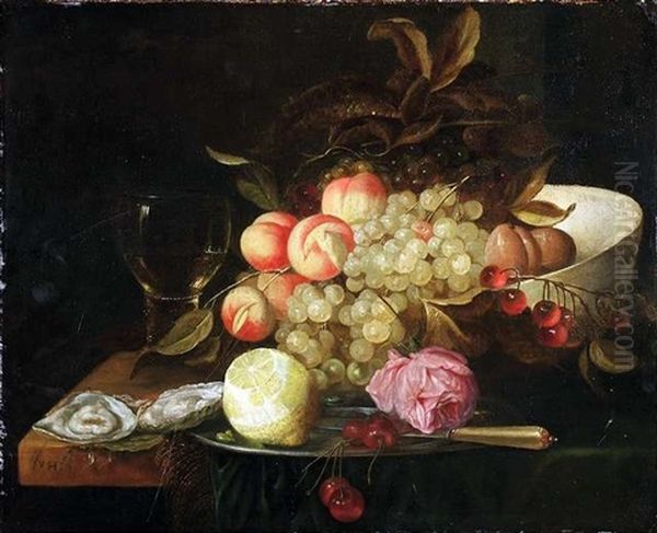 Stilleben Mit Romer, Austern, Einer Halb Geschalten Zitrone Und Einer Rose Auf Einem Zinnteller, Weintrauben, Pfirsichen, Pflaumen Und Kirschen In Einer Schale Auf Einem Tisch Mit Gruner Samtdecke Oil Painting by Jacobus van der Hagen