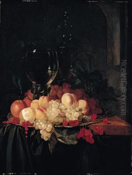 Still Life Of A Roemer And A Wine Glass Together With Cherries, Peaches, Grapes, Redcurrants, Oranges And A Lemon, Arranged On A Silver Plate On A Wooden Ledge Draped With A Green Cloth Oil Painting by Jacobus van der Hagen