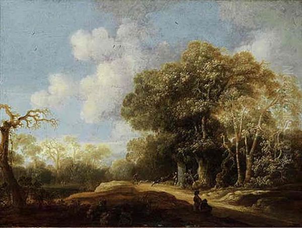 A Wooded Landscape With A Stag Hunt Oil Painting by Jacobus van der Hagen