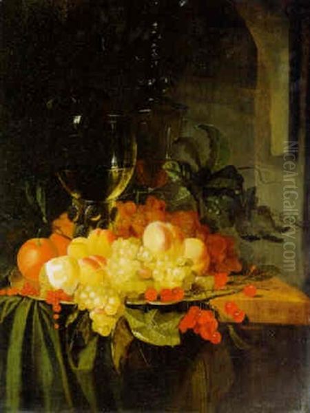 A Roemer, A Covered Glass And Fruit On A Plate On A Draped Table Oil Painting by Jacobus van der Hagen