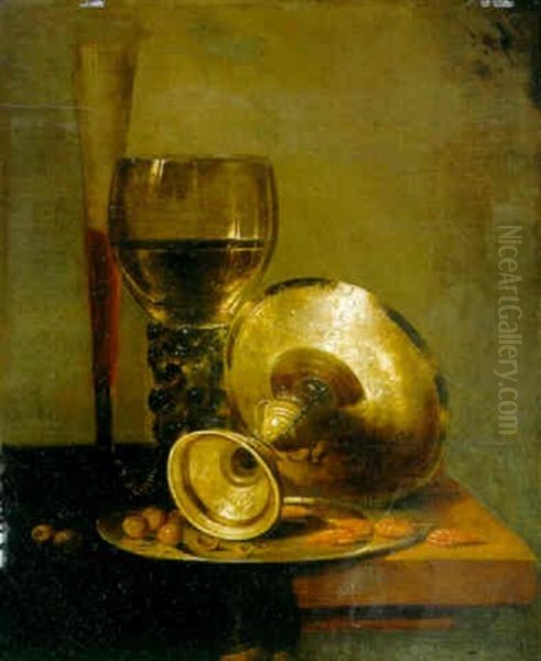 A Roemer, Tall Wineglass, An Overturned Silver Tazza, On A Draped Table Oil Painting by Jacobus van der Hagen