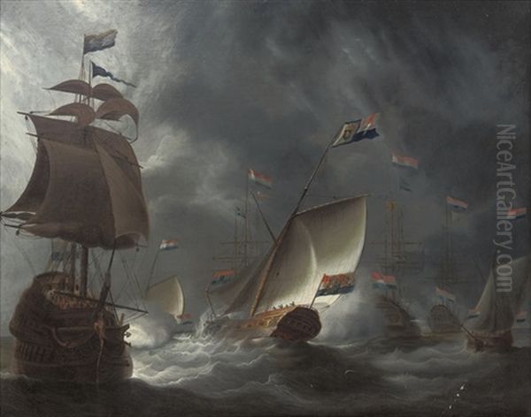 The Dutch Fleet Firing A Salute Oil Painting by Johan (J. C.) van der Hagen