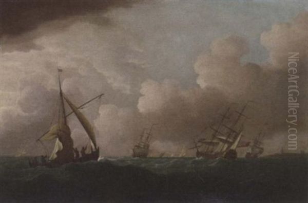 English Men-o'war And Other Shipping In A Swell Off Flushing Oil Painting by Johan (J. C.) van der Hagen