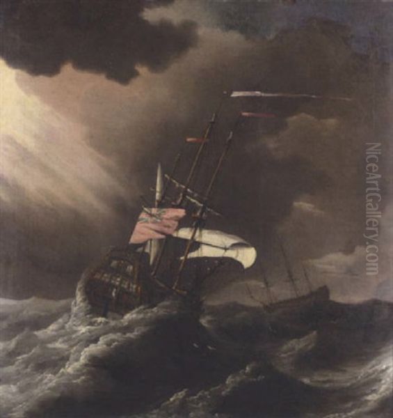 A British Man-o'-war In Heavy Seas Oil Painting by Johan (J. C.) van der Hagen