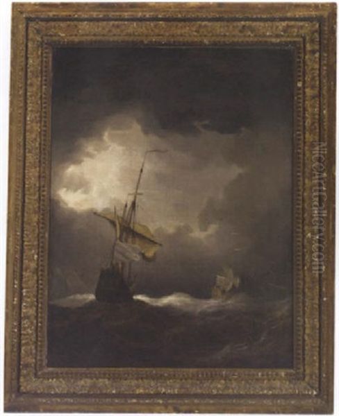 French And British Men-o'war In A Swell After Dark Oil Painting by Johan (J. C.) van der Hagen