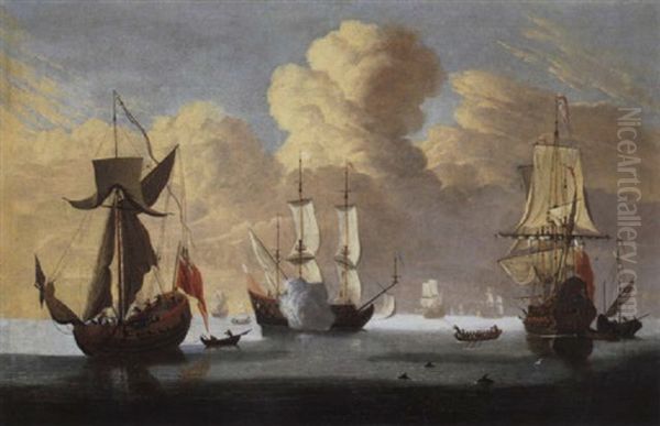 Britische Kriegsschiffe Auf Unbewegter See Oil Painting by Johan (J. C.) van der Hagen