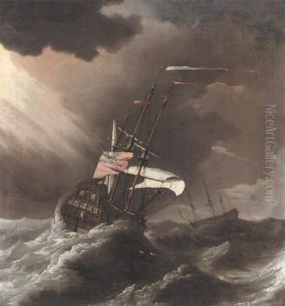 A British Man Of War In Heavy Seas Oil Painting by Johan (J. C.) van der Hagen