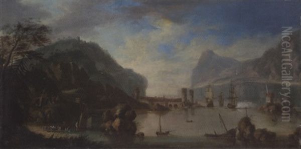 A Rhenish Harbour With A Man-o'-war Firing A Salute Oil Painting by Johan (J. C.) van der Hagen