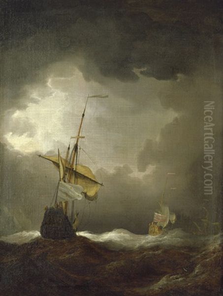 Franzosisches Und Englisches Segelschiff In Schwerer See Oil Painting by Joris van der Hagen