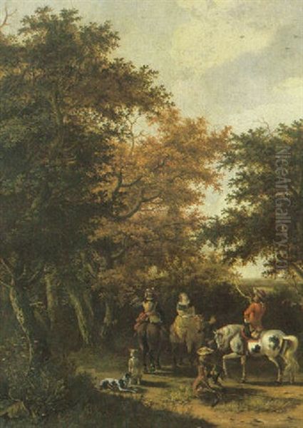 An Elegant Hawking Party In A Wooded Landscape Oil Painting by Joris van der Hagen