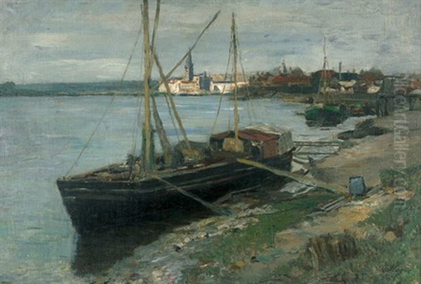 Anlandendes Schiff An Der Warnow Oil Painting by Theodor Joseph Hagen