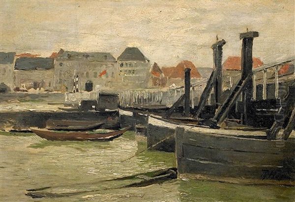 Die Alte Schiffbrucke In Dusseldorf Oil Painting by Theodor Joseph Hagen