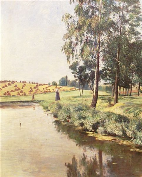 Sommertag Mit Spaziergangern Am Fluss Oil Painting by Theodor Joseph Hagen