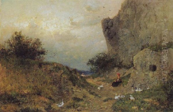 Gansehirtin An Einer Felsmauer Oil Painting by Theodor Joseph Hagen