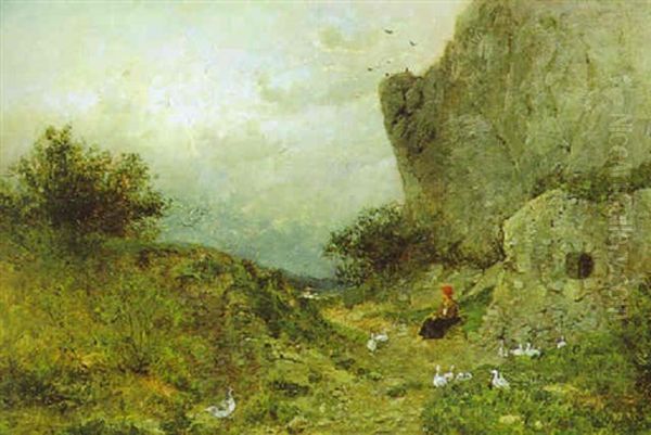 Gansehirtin An Einer Felsmauer Oil Painting by Theodor Joseph Hagen