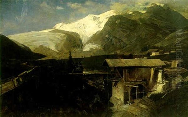 Kanderthal Im Gotthard, Bjerglandskab Med I Forgrunden Vandmolle Og Huse Oil Painting by Theodor Joseph Hagen