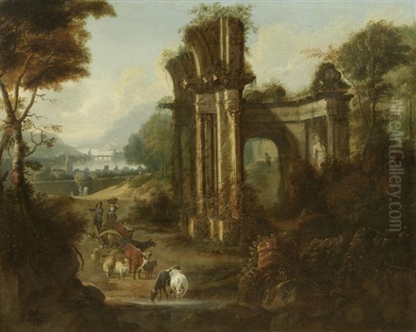 A Classical Capriccio Of Figures And Cattle On A Track By Ruins With A River Landscape Beyond by Willem van der Hagen