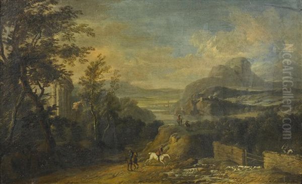 An Extensive Landscape With Mounted Figures And Hounds Hunting In The Foreground Oil Painting by Willem van der Hagen