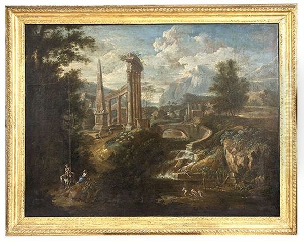 A River Landscape With Classical Ruins And Numerous Figures And Animals Oil Painting by Willem van der Hagen