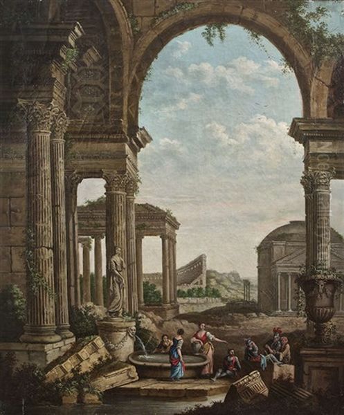 A Capriccio Of Roman Ruins With Figures Around A Fountain, With A View Of The Pantheon Through Arches Oil Painting by Willem van der Hagen