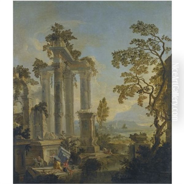 An Extensive River Landscape With Figures Resting Beside Classical Ruins Oil Painting by Willem van der Hagen