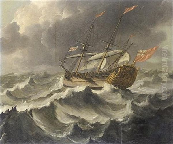 An English Merchant Vessel With A Spanish Barge In Choppy Seas (+ An English Frigate In Stormy Seas; Pair) Oil Painting by Willem van der Hagen