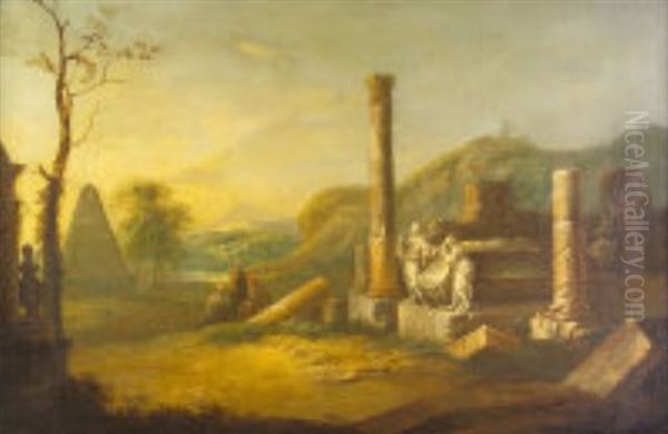 Capriccio Of An Italianate Landscape With Figures Amongst Ancient Ruins Oil Painting by Willem van der Hagen