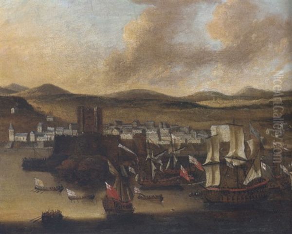 The Landing Of William Iii At Carrickfergus, 14 June 1690 With Men-o-war In Port And Figures In Boats Rowing Ashore Oil Painting by Willem van der Hagen