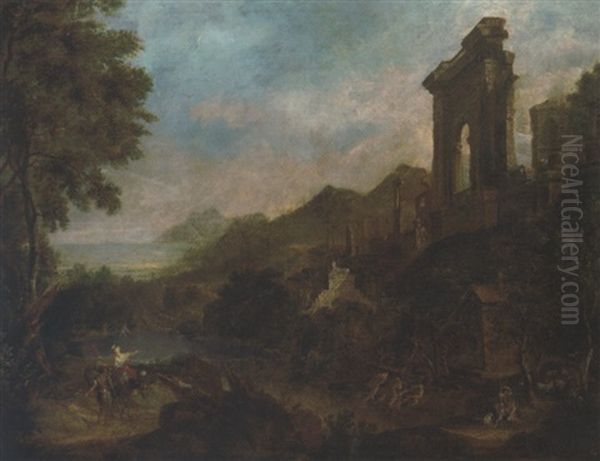 A Capriccio With Ruins By A Lake, Fishermen Drawing In Nets And Other Figures Oil Painting by Willem van der Hagen