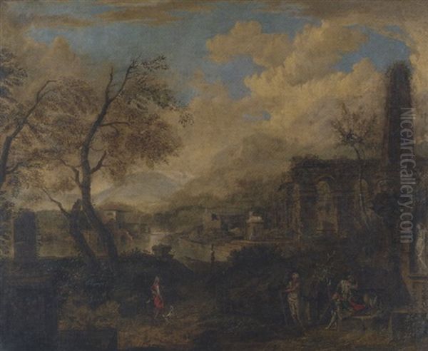 A Capriccio With Ruins By A Lake And Figures In The Foreground Oil Painting by Willem van der Hagen