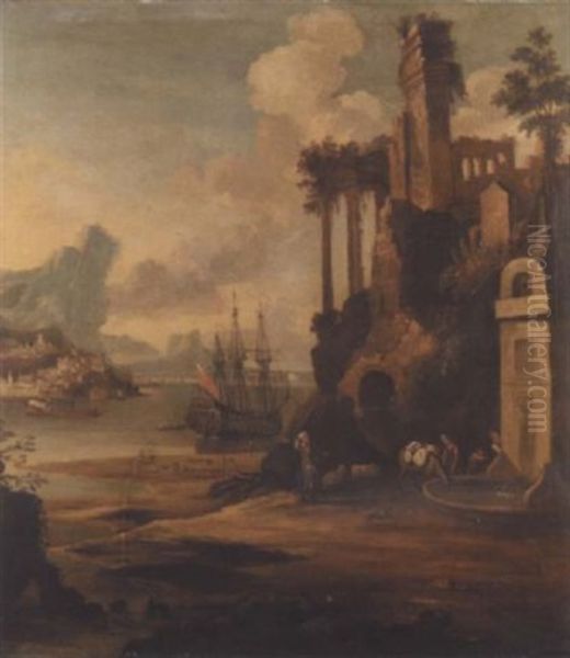 An Italianate Landscape With A Man O'war At Anchor In A Bay Beyond Oil Painting by Willem van der Hagen