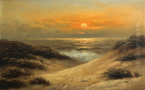 Sunset On Ocean Beach Oil Painting by Nels Hagerup