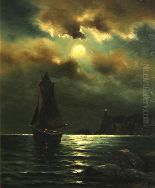 Ship In Moonlight Oil Painting by Nels Hagerup