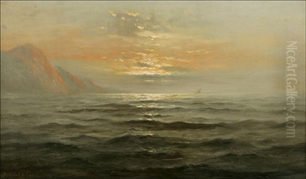 California Sunset Coastal With Sailing Vessel In The Distance Oil Painting by Nels Hagerup