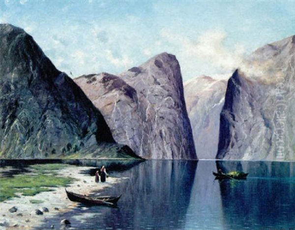 Norsk Fjordparti Med Robad Pa Vandet Oil Painting by Nels Hagerup