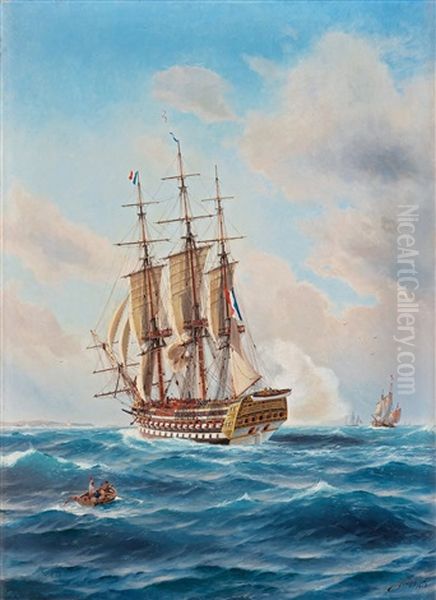 Franskt Linjeskepp Till Segels (french Line Ship At Sail) Oil Painting by Jacob Haegg