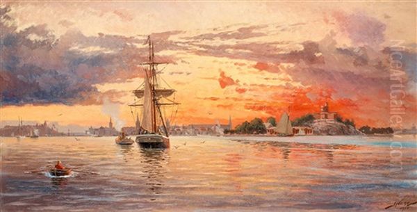 Solnedgang Over Stockholms Inlopp Oil Painting by Jacob Haegg