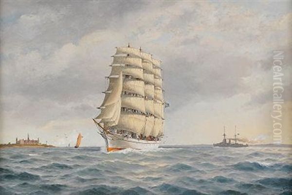 Fyrmastad Bark I Oresund - I Fonden Kronborgs Slott Oil Painting by Jacob Haegg