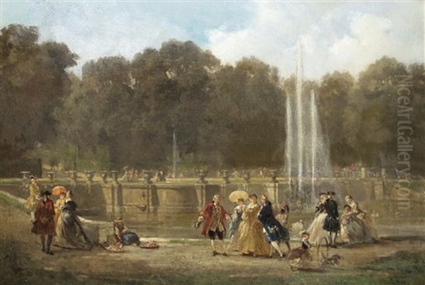 Rococo Society In The Castle Park Oil Painting by Louis (Ludwig) von Hagn