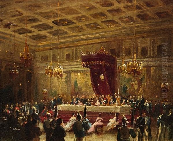 Festive Banquet In The Munich Residence (?) Oil Painting by Louis (Ludwig) von Hagn