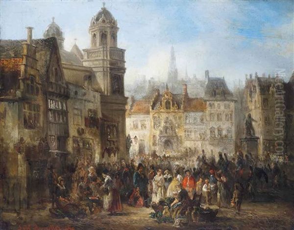 Market Day In A Brussels Square Oil Painting by Louis (Ludwig) von Hagn