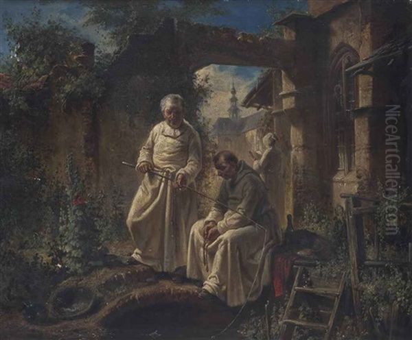 Fishing At A Monastery Oil Painting by Louis (Ludwig) von Hagn