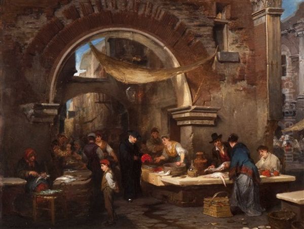 Market Scene Oil Painting by Louis (Ludwig) von Hagn