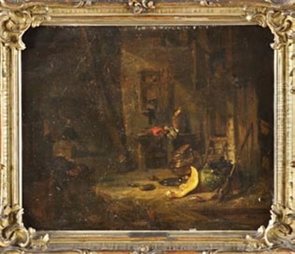 Dunkles Stallinterieur Oil Painting by Louis (Ludwig) von Hagn