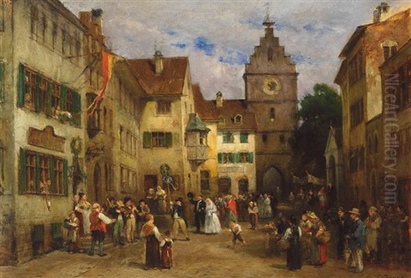 Blick Auf Belebte Strase Mit Hochzeitsgesellschaft Vor Gasthaus Und Torturm In Einer Oberschwabischen Stadt (ravensburg Obertor?) Oil Painting by Louis (Ludwig) von Hagn