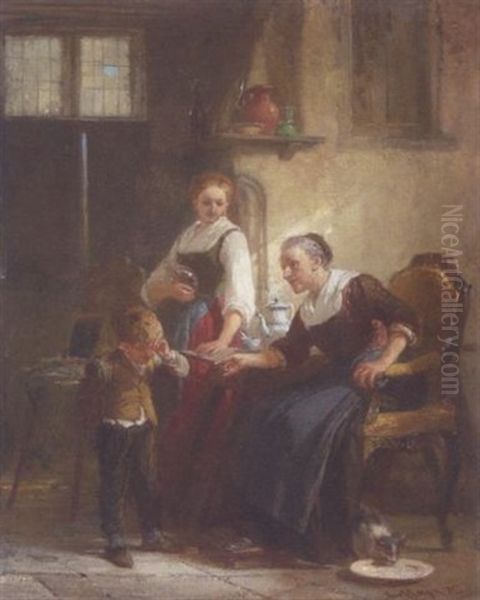 Der Kleine Ubeltater Wird Von Seiner Grosmutter Bestraft Oil Painting by Louis (Ludwig) von Hagn